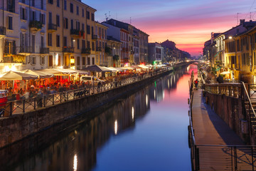 Naviglio Grande canal at sunset in Milan, Lombardia, Italy - obrazy, fototapety, plakaty