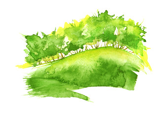 Naklejka premium Watercolor summer, autumn forest, silhouette of trees, bushes., Field. Country view. Postcard, logo, card. Drawing of green trees on a yellow grass on a white isolated background.