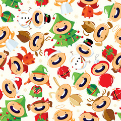 Christmas seamless pattern with cute cartoon children in colorful costumes