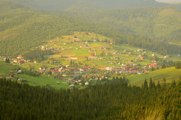 Fototapeta na wymiar Aerial view of green summer landscape, mountains, trees, forest, village in the mountains