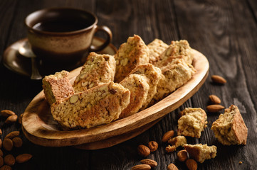 Homemade biscotti with almond and cup of coffee.