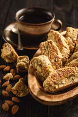 Homemade biscotti with almond and cup of coffee.