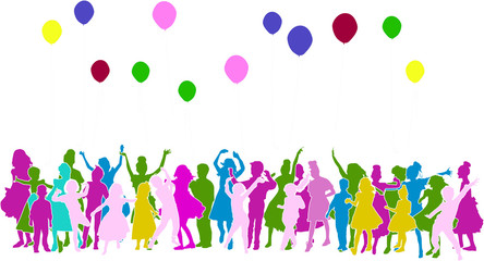 children and balloons color silhouettes on white