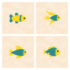 Vector aquarium fish silhouette illustration vector stock collection in Hatching style