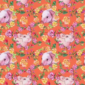 Pig wild animal pattern in a watercolor style. Full name of the animal: piggy. Aquarelle wild animal for background, texture, wrapper pattern or tattoo.