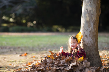 Little girl playing with fallen leaves