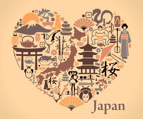 Japan icons in the form of a heart