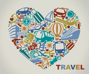 Symbols of tourism and travel in the form of heart