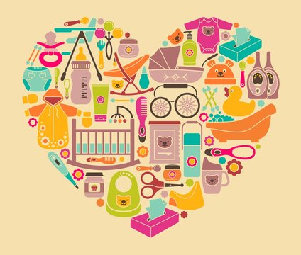 Icons of products for newborns in the form of a heart