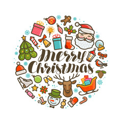 Fototapeta premium Merry Christmas, xmas greeting card or banner. Holiday concept. Vector illustration