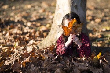 Little girl playing with fallen leaves