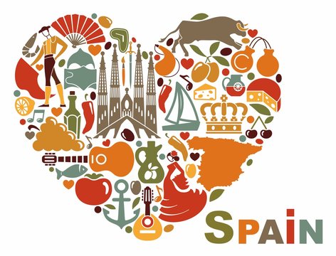 The symbols of Spain in heart shape