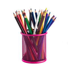 color pencils in the red metal grid container isolated on white with clipping path
