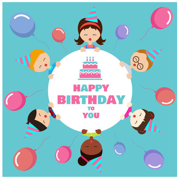 Happy birthday to you text in circle and kids party and balloon on blue background vector design