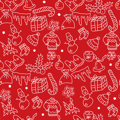 Christmas red background hand drawn. white outlines
