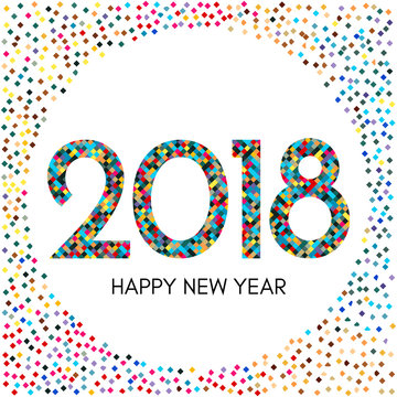 Happy New Year 2018 label with colorful confetti. New Year and Xmas Design Element Template. Vector Illustration.
