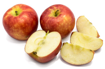 Naklejka na ściany i meble Two whole Kanzi apples, one half, three slices, isolated on white background