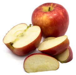 Naklejka na ściany i meble One whole Kanzi apple, one half, three slices, isolated on white background
