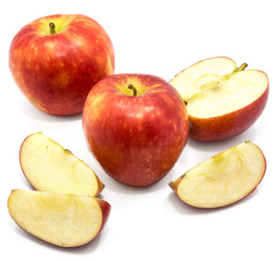 Naklejka na ściany i meble Kanzi apples composition, two whole, one half, three slices, isolated on white background