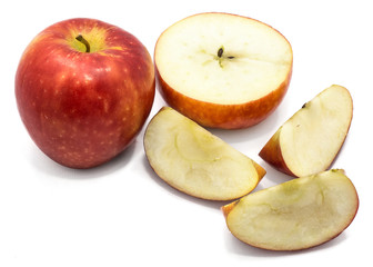 Naklejka na ściany i meble Sliced apples Kanzi, one whole, cross section half, slices, isolated on white background