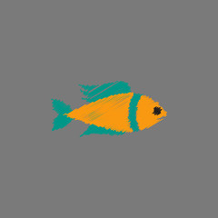 Vector aquarium fish silhouette illustration. Colorful cartoon flat aquarium fish icon for your design in Hatching style
