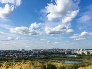 summer nature with a lake in the background of the city