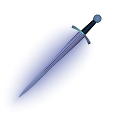 3d medieval sword. Blue sword glowing with blue radiance