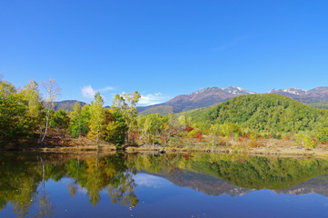 Fototapeta na wymiar 秋のまいめの池と乗鞍岳