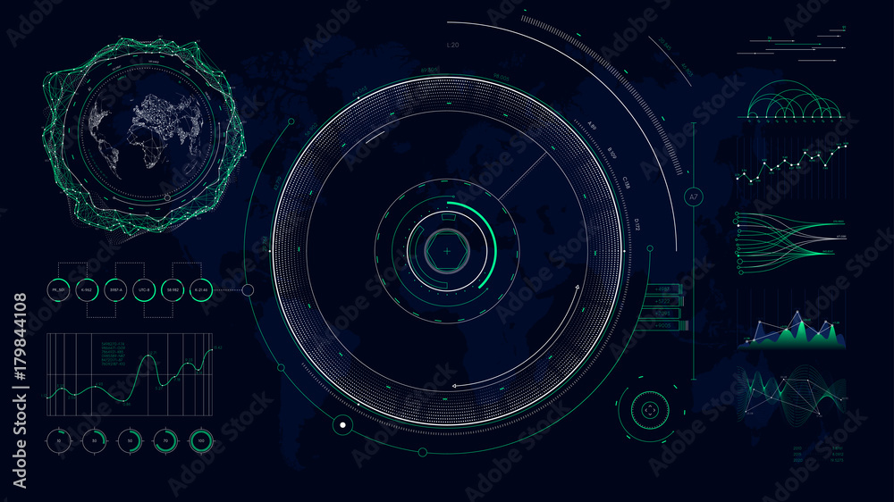 Wall mural vector futuristic user interface hud design graphs and charts, global digital network communications