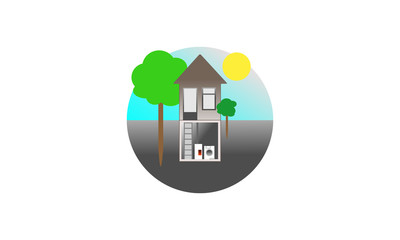 house, home, estate, building, icon, business, tree, sun, sky, basement, cellar, vault, icon, isolated, washing machine, stairs, central heating boiler, architecture, energy, property, buy, sale