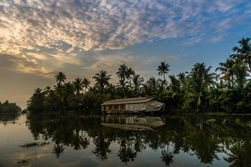Obraz premium Reflection of palm trees and a house boat during sunset at the Indian backwaters of Kumarakom