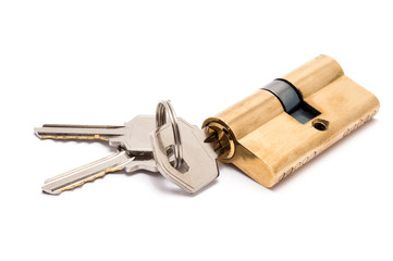 Cylinder lock with keys isolated on white background.