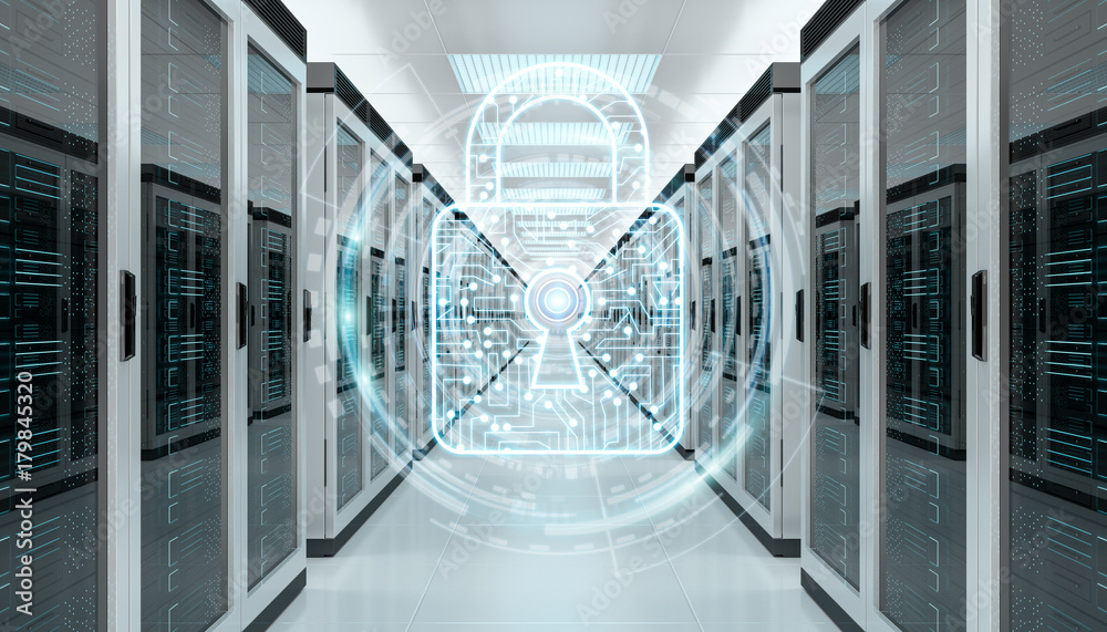 Poster Firewall activated on server room data center 3D rendering