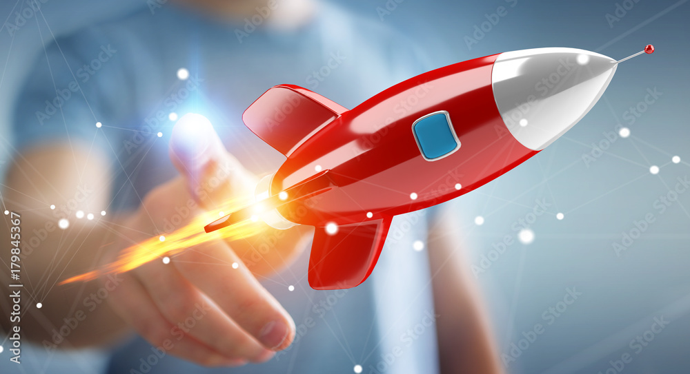 Poster businessman holding and touching a rocket 3d rendering