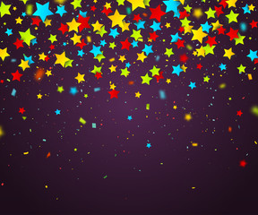 Colorful confetti of stars and paper particles falling randomly. Dark background with multicolored stars. Holiday design template can be used for greeting card, carnival, celebration or festive