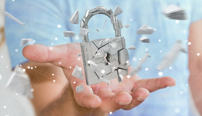 Businessman hacking in broken padlock security 3D rendering