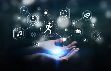 Young woman using running application to check her performances 3D rendering