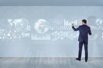 Businessman using graph screens interface on a wall 3D rendering