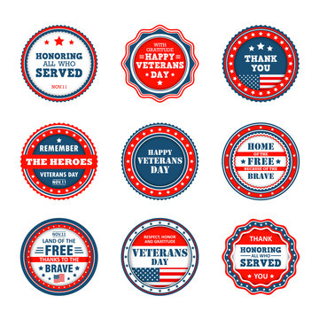 Set of badges to Veterans Day in America. Vector icons of veterans day, 11th November in USA. Collection of patriotic labels, emblems for national celebration, memorial day