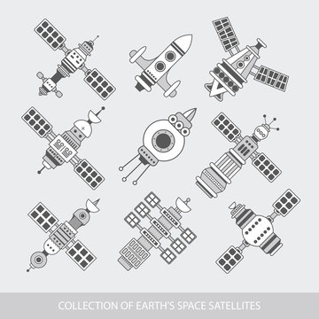 GPS satellite for navigation. ship is in orbit of the ground for tv signal transmission.  Wireless technology. World global net, Web. Flat vector icon, illustration