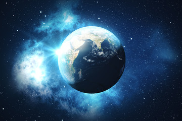 3D Rendering World Globe. Earth Globe with Backdrop Stars and Nebula. Earth, Galaxy and Sun From Space. Blue Sunrise. Elements of this image furnished by NASA