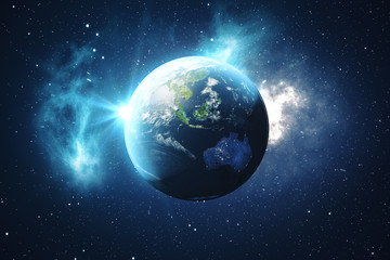 Fototapeta na wymiar 3D Rendering World Globe. Earth Globe with Backdrop Stars and Nebula. Earth, Galaxy and Sun From Space. Blue Sunrise. Elements of this image furnished by NASA