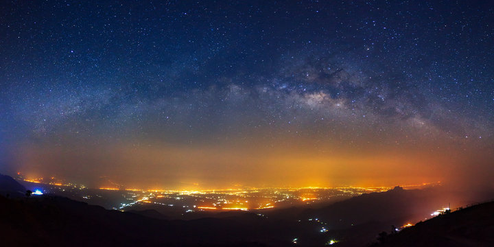 Panorama Milky way galaxy bridge as seen from phutabberk in thailand on a clear summer night.