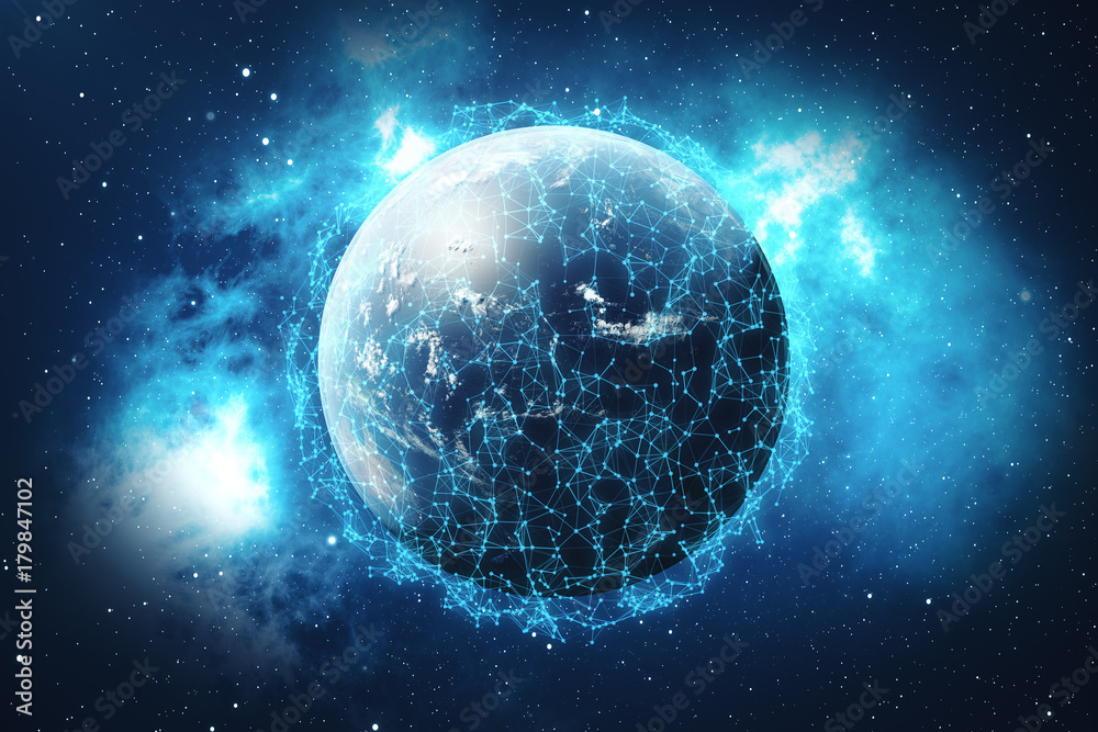 Poster 3d rendering network and data exchange over planet earth in space. connection lines around earth glo