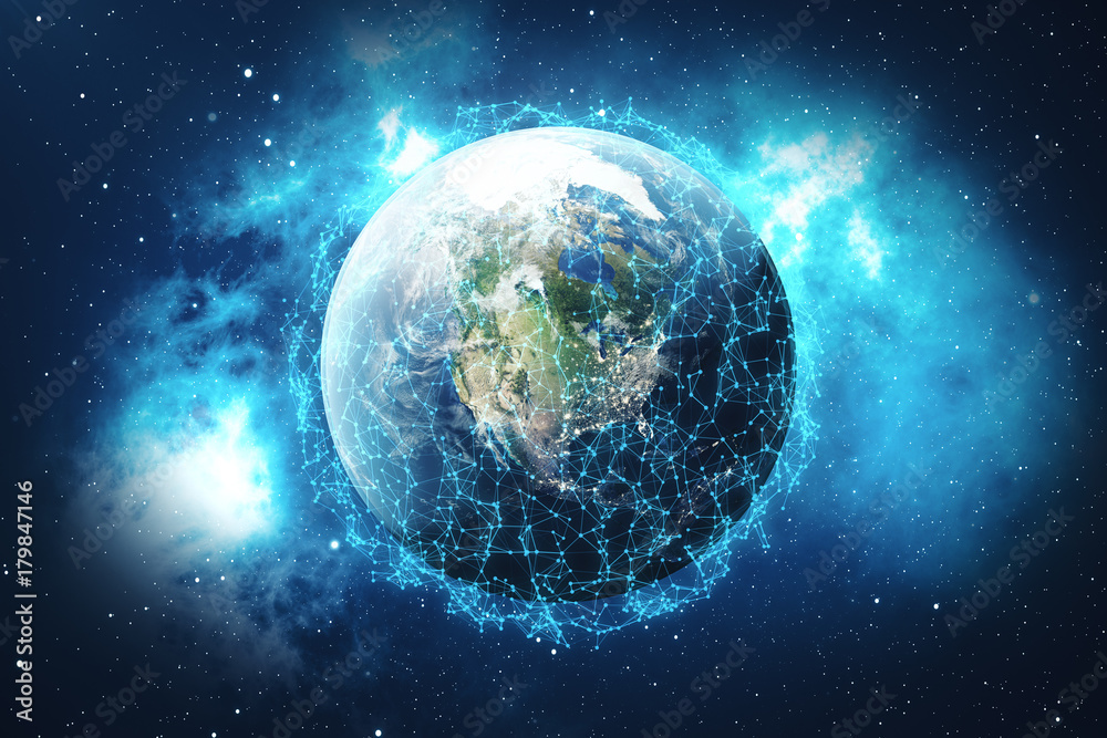 Poster 3d rendering network and data exchange over planet earth in space. connection lines around earth glo