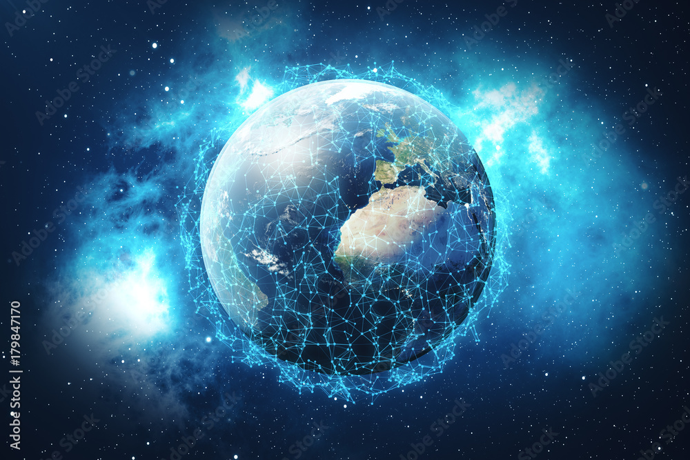 Poster 3d rendering network and data exchange over planet earth in space. connection lines around earth glo