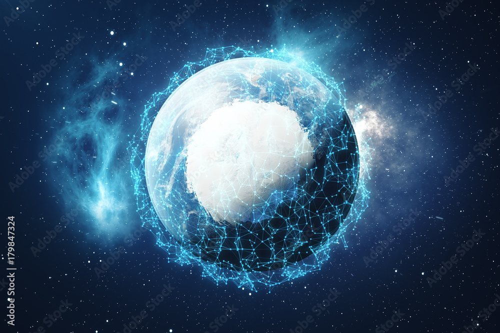 Poster 3d rendering global network and data exchange. connection lines around earth globe. global internati