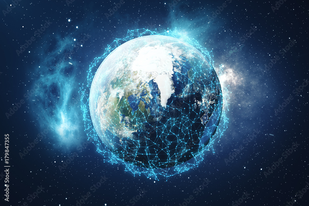 Poster 3d rendering global network and data exchange. connection lines around earth globe. global internati
