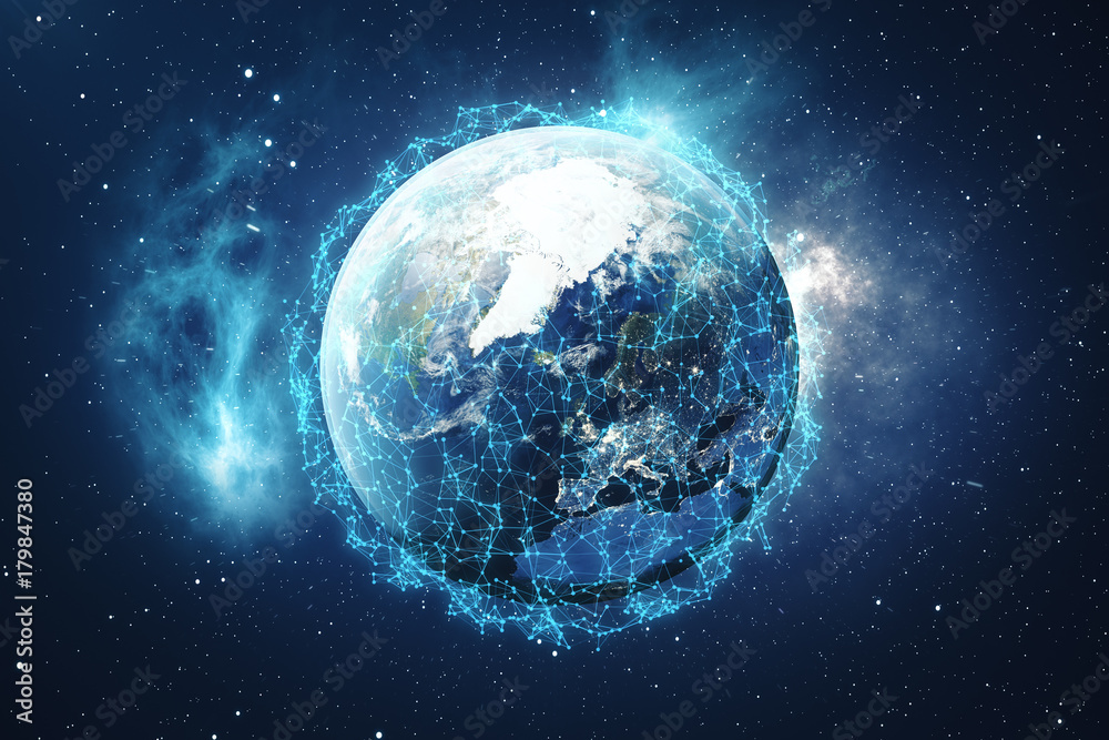 Poster 3d rendering global network background. connection lines with dots around earth globe. global intern