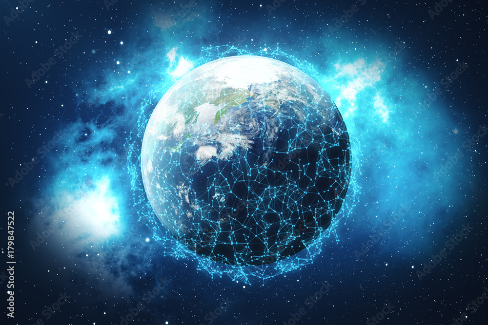 Poster 3d rendering global network background. connection lines with dots around earth globe. global intern